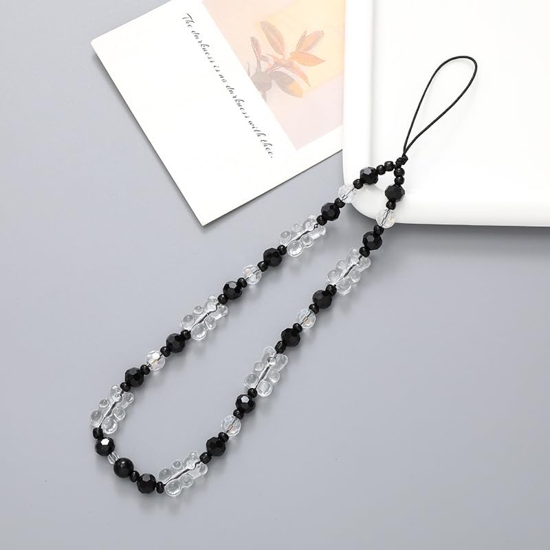 WCCH Beaded Phone Charm Y2K Kawaii Handmade Acrylic Phone Lanyard Wrist Strap for Camera Bag Airpods Keychain Charm Black and White Small Bear - Image 4